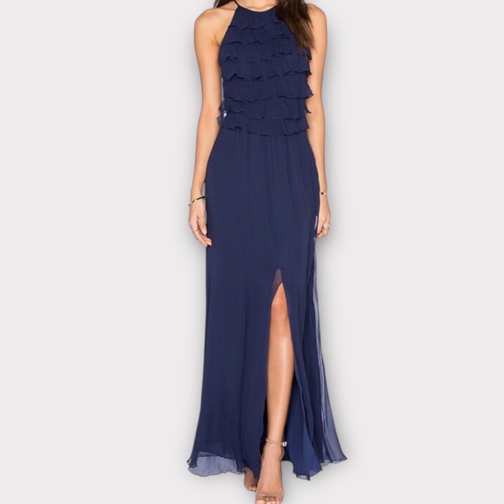 L'AGENCE Women's Adriana Maxi Dress Size 2 100% Silk Ruffle Halter Neck Sapphire